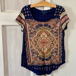 Lucky Brand Persian Carpet Tee Vintage-inspired Medallion Floral Print Navy Med